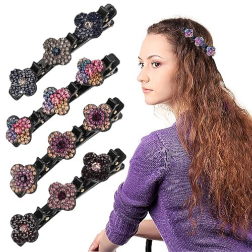 WUSJCOF 4 Pièces Pinces à Cheveux Tressées, Double Couche et Moderne, Pierre de Cristal Étincelante, Barrettes à Cheveux Tressés avec Strass, Pince a Cheveux Élégante pour Femmes et Filles