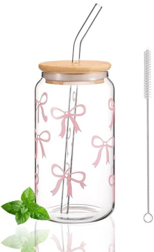 Laitejituan Verre avec Paille et Couvercle, 500ml Verres à Cocktail avec Décoration Bow, Réutilisables Verre Bubble Tea, Tasses à Café Glac pour Bière, Lait, Eau, Jus, Café