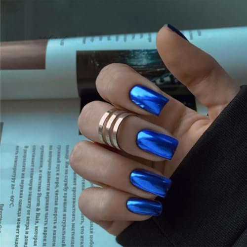 KQueenest Chrome Royal Blue Press on Nails Short Medium Square Glitter Metallic False Nails Medium Coffin, Luxury Design Acrylic Fake Nails Set with Bling Mirror Effect Stick on Nail for Women 24 Pcs