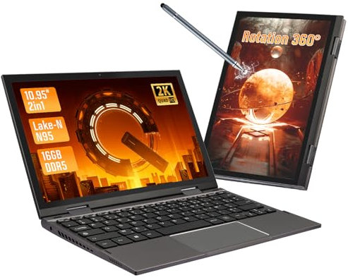 LONGEVINCE Mini Ordinateur Portable 2 en 1 de 10,95 Pouces, écran Tactile 2000 * 1200, Celeron N95 (jusqu'à 3,4 GHz), 16 Go de RAM DDR5, SSD 256 Go, USB*2, BT 5.0 (Gris,16G + 256G SSD)