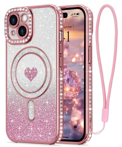 LAPOPNUT Magnetic Glitter Case for iPhone 14 with Wrist Strap,Pink | Compatible with MagSafe, Sparkly Phone Cover for Girls Women, Sparkle Rhinestone Rasied Camera Protection,Bling Glittery Cute