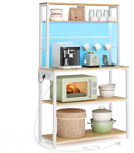 VASAGLE Estantería de Cocina con LED, para Microondas con Regleta, Estantes Ajustables, 8 Ganchos, 40 x 80 x 168,4 cm, Roble Dorado y Blanco Mate KKS050YA01