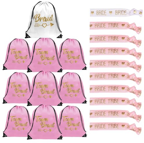 10 Sätze JGA Accessoires Frauen mit Team Bride Turnbeutel Armbänder,Junggesellenabschied Frauen Team Bride Turnbeutel Schwarz für Verlobung JGA Hochzeit Junggesellenabschied Braut Party. (Rosa + Weiß)