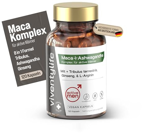 ViventyLife Active Men Maca Komplex für Männer TESTOSTERONSPIEGELS¹ Kapseln mit Ashwagandha, Tribulus, Ginseng, Zink, L-Arginin, Vitamin D & E, 8 Aktive Inhaltsstoffe, 120 Vegan Kapseln