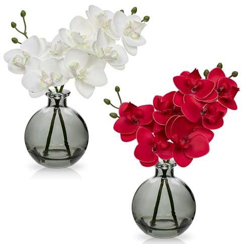 2 pcs Künstliche Orchideen Weiß Rot mit Schwarz Glasvase, Kunstpflanze Decor Orchideen Kunstblumen im Vase mit Real Touch Blüten, Gefälschte Orchideen Künstliche Bonsai für Hotel Wohnzimmer Büro
