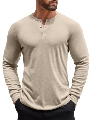 COOFANDY T-Shirt Henley à Manches Longues Homme T-Shirt de Loisirs pour Homme Chemise Basique Unie avec Fermetures boutonnées Beige XL