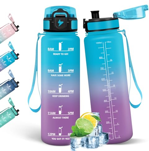 HoneyHolly Botella Agua, 1L, Marcador de Tiempo, Cantimplora, Libre de BPA, Portátil, Botella Agua Gimnasio, A Prueba de Fugas, Cantimplora para Gimnasio, Ciclismo, Oficina y Exteriores