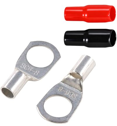 JOYELEC 11 set di capicorda SC6-8 in rame stagnato da 6 mm² per batteria M8 SC Bolt Hole Ring Crimp Terminali Connettori per elettrico, auto, barca, auto, capicorda della batteria, con coperture