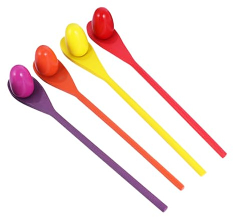 GARIOUANS Egg and Spoon Fun Outdoor Relay Race Game Wooden for Kids and Adults 4 Set Race Game Timber Balance Stick with Spoons and Eggs Random Color for Contest and Family Play