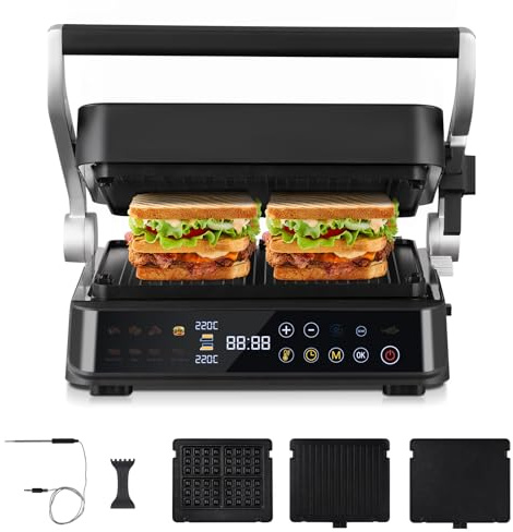 AMZCHEF XL Kontaktgrill 6-in-1 mit Temperaturfühler & GrillBoost 280℃ – Elektrogrill mit 6 Programmen, 2 Zonen, 4 wechselbaren Platten – Steak, Waffeln, Sandwich, Panini, spülmaschinengeeignet