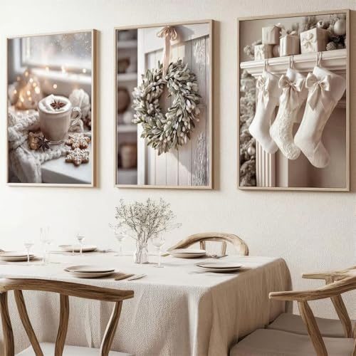 Generisch 3er Weihnachten Premium Poster Set, Moderne Winter Bilder Set,Strümpfe, Weihnachtskränze, Kaffeetassen, für Wohnzimmer Schlafzimmer Decor,Ohne Rahmen (40×50cm)