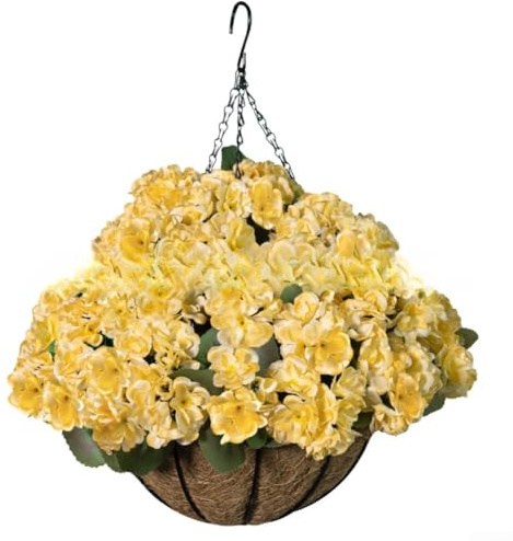 Zeroupshop Cesta colgante de geranio artificial, resistente a los rayos UV, con flores realistas para interior o exterior, jardín, patio, balcón o decoración de boda (amarillo)