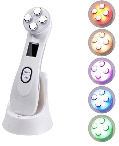 AmazValue Global Massaggiatore viso e collo RF con luce LED e riscaldamento delicato, dispositivo di bellezza ricaricabile con modalità regolabili, strumento di massaggio viso e collo per routine