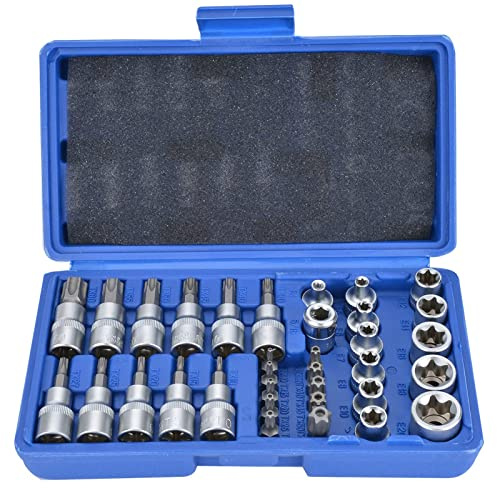 EVERGOODS 34pcs Torx Bit Socket Set with E-Torx Sockets, 1/4 & 3/8 Drive Socket Set, Star Bit Socket Set with Ratchet Adapter & Extension Bar, Automotive Repair Tool Kit with Storage Case