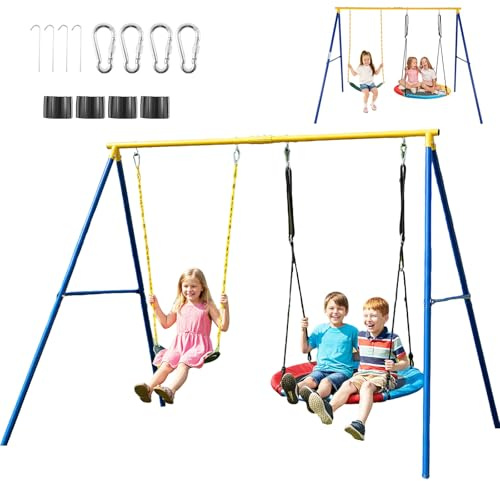 RELAX4LIFE Doppelschaukel mit Gestell, Schaukelgestell Outdoor aus Metall bis 300 kg belastbar, Schaukelgerüst mit Kinderschaukel, Nestschaukel & Bodenanker, Schaukel Gestell für Garten, Gelb+Blau