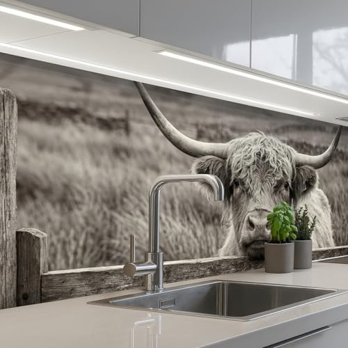 KitchenYeah© Rückwand Küche Rückwandschutz Selbstklebend Spritzschutz | 60x200 cm - Küchenrückwand Küchenfront Küchen Selbstklebende Küchenrückwände Schottischer Highlander - Schwarz - Weiß - Holz