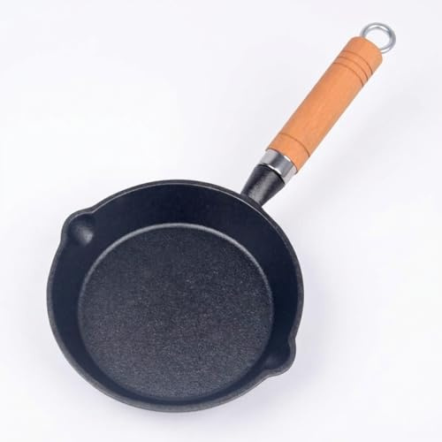 Yunmeryker 16cm Cast Iron Skillet with Wooden Handle, 3cm Depth Mini Non Stick Frying Pan with Pouring Lips, Small Pancake Omelette Pan for Induction Hob, Camping and Egg Cooking