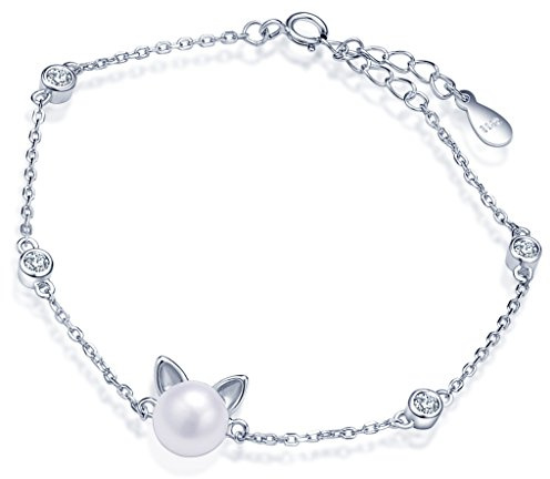 Yumilok Bracelet extensible femme en argent 925 zirconium et perle la forme du chat et cercle brillant la chaîne de maillon est élégante