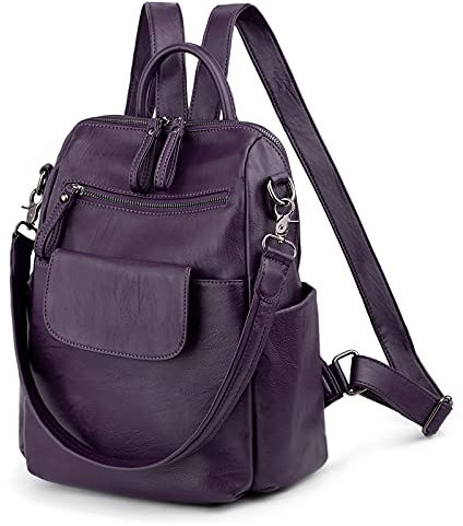 UTO Rucksack Damen Elegant mit Schultergurt Modischer Multifunktionsrucksack Schultertasche Herren PU Leder Backpack Kompartiment Reißverschluss Umhängetasche Schule Schulrucksack Handtasche Lila