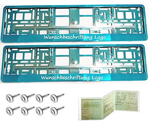 2 Stück Kennzeichenhalter TÜRKIS CHROM mit WUNSCHTEXT Beschriftung Werbung BEDRUCKT Neu