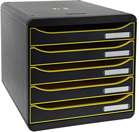 Exacompta 309989D Premium Ablagebox mit 5 Schubladen für DIN A4+ Dokumente. Stapelbare Schubladenbox mit hoher Kapazität für mehr Platz auf dem Schreibtisch Big Box Plus Black Office Schwarz|Gelb