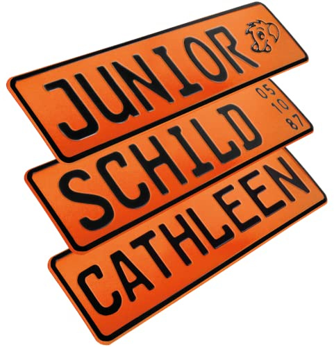1 Stück Kennzeichen Junior-Schild 34cm x 9cm Bohrung Farbwahl Wunschtext Wunschprägung Muster Datum Namenskennzeichen Bohrung / Saugnäpfen Namensschild Bobbycar Kettcar FUN Schild in Orange