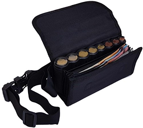 CLAIRE-FONCET Riñonera de Camarero de Lona Negra, Monedero de Camarero,1 Bolsillo Zip Interior, Incluido Dispensador/Distribuidor/Clasificador para Monedas de Euros, Cierre Magnético