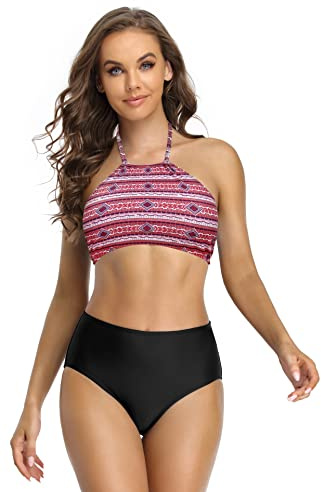SHEKINI Mujer Traje de Baño de Dos Piezas Cuello Alto Ajustable Halter Retro Bikini Top Bikini Set Cintura Alta Control Abdomen Parte Inferior de Bikini(M,Negro Y)
