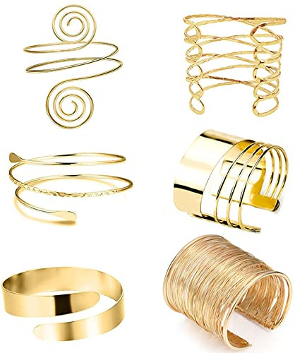 Aatpuss 6 Piezas Brazalete en la parte superior del brazo, Brazalete hoja abierta, Brazalete ajustable con brazo abierto, para Llevar joyas y Celebraciones(Oro)