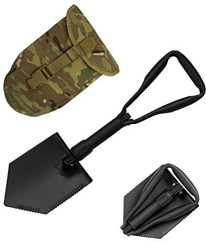 Ultrasound Industries Military Style Shovel | Tri-Fold Entrenching Tool with Serrated Edge | Lightweight, Foldable, Compact, Multi-Use Perfect for Camping, Survival, Training (OCP Cover)