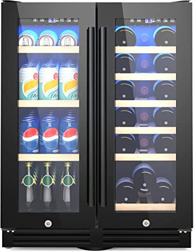 TANGZON Double Door Dual Zone Beverage Wine Fridge, Auto Defrost Drinks Refrigerator with Safety Locks, Removable Shelves, Adjustable Feet & LED Lights, 57 Cans 18 Bottles Display Cooler for Home Bar
