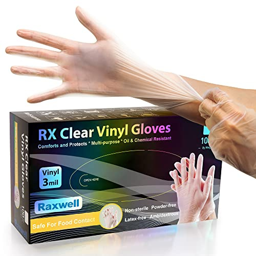 Raxwell 3 Mil Vinyl Disposable Gloves - Food Safe Gloves for Food Prep & Cleaning - Latex & Powder Free - Large, Clear, Pack of 100