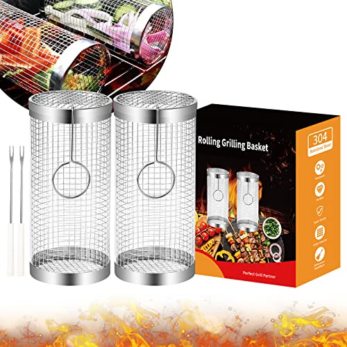 Grillkorb,2 Stück, BBQ Grillkorb, Rolling Grillkorb, Edelstahl Grillgitter, nützliches Grillzubehör, tragbare Grillkörbe für Outdoor Grill für Fisch, Garnelen, Gemüse, Pommes (9.0)x9.0 cmx20 cm)