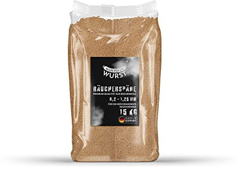 Tutto per la salsiccia – farina affumicata di faggio, legno di faggio naturale, diverse grane disponibili, farina di affumicatura, trucioli per un risultato perfetto (sacco da 0,2 – 1,25 mm – 15 kg)