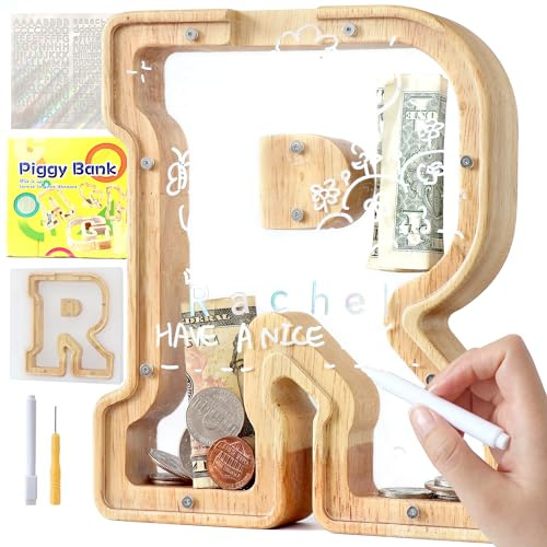 Lakpopya Spardose Kinder Buchstaben aus Holz für A-Z Personalisiert Sparschwein Durchsichtig Alphabet Sparbox, Geschenk Dekoration Taufe für Jungen Mädchen (R)