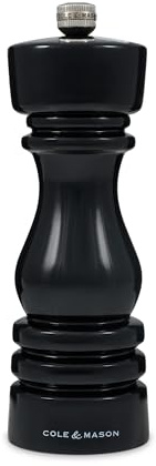 Cole & Mason London Black Gloss Salt Mill, 18cm Salt Grinder with Adjustable Grind, Non Corroding Ceramic Mechanism, Beech Wood, Seasoning Mill, Lifetime Mechanism Guarantee | Table Salt Grinder with Ceramic Mechanism, Black Gloss, 7 inch