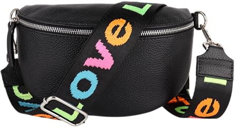 MIRROSI® Bauchtasche Damen, Echtleder, Made in Italy, Umhängetasche, Brusttasche, Crossbody Bag (1 Tasche & 2 Gurte) (Schwarz (Love Schwarz), Mittelgroße Tasche (25x16x7cm))