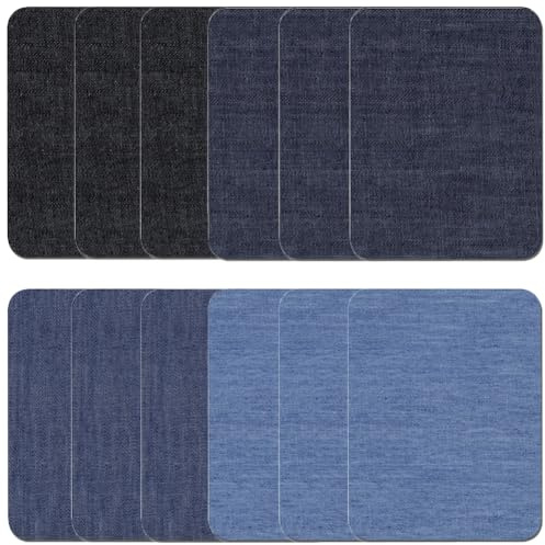 12 Stück Flicken zum Aufbügeln, Bügelflicken für Innen-Außen, Denim Flicken, Reparaturflicken, Reparatur-Dekorationsset für Jeans und Kleidung, 9.5 * 12.5 cm, Iron-on Repair Patches (Denim 4 Farben)