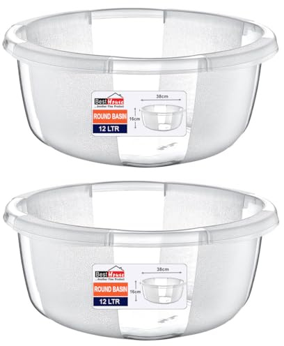 Best House | Clear Round Basin | Kitchen Washing Up Bowl | 12 Litres | Transparent | 2 Pcs | Multipurpose Bath Tub/Washing Tub for Kitchen, Bathroom, and Household Use (Pack of 2)