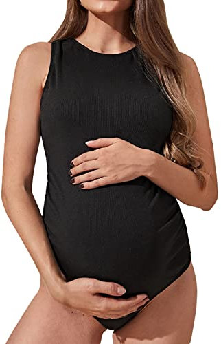 Woaikeyu Maillot De Bain Maternité Femme 1 Pièces Maillots de Bain Une Pièce Plage Bikini Maternité Rayé Tissu Maillot De Bain Grossesse Taille Haute Maillot De Bain Enceinte (Black, XL)
