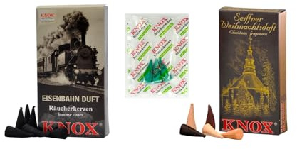 KNOX Räucherkerzen - 2er Set Reise nach Seiffen - Düfte: Eisenbahn, Seiffner Mischung - Menge: 48 Inclusive 3 Räucherkerzen als Proben vom Duft Meeresbriese- Made in Germany