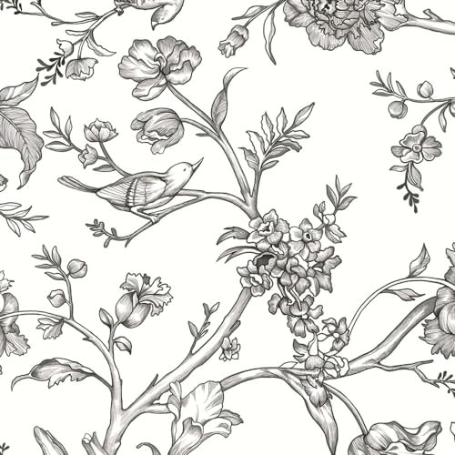 Safiyya Papier peint à motif floral et oiseaux - Papier peint autocollant noir et blanc - Papier peint moderne pour chambre à coucher - Rouleaux de vinyle 497,8 x 43,9 cm