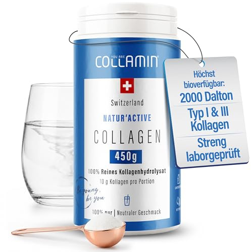 Collamin® Natur'Active Collagen Pulver - 450g I Reines Kollagen Pulver - Made in Switzerland I 100% Kollagenhydrolysat (Rind) ohne Zusatzstoffe & Nachgeschmack I Kollagenpulver hochdosiert