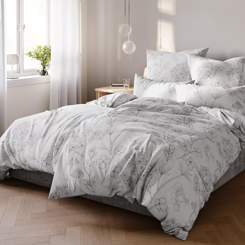 Pure Label Blumen Bettwäsche Set 4tlg 155x220 80x80 grau aus Baumwolle | Waschbar bei 60∘C - Atmungsaktiv für Sommer & Winter - pflegeleicht