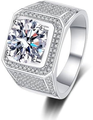 Verlobungsring Herren Weißgold 585, Trauring Breit Echt Gold für Männer mit Lab Diamant 2ct, D, VVS1-VVS2, Gr. 48 (15.3)