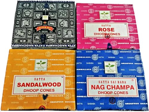Satya Incense Cones Variety Pack: Nag Champa, Rose, Sandalwood, and Superhit