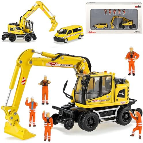 Liebherr A 922 Rail Zweiwege Bagger mit Volkwagen T5 und 5 Bauarbeiter Baustelle Baufahrzeug H0 1/87 Schuco Modell Auto mit individiuellem Wunschkennzeichen