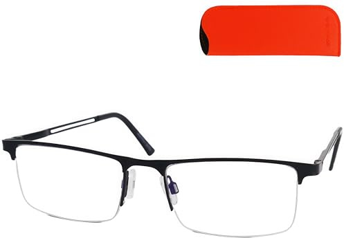 Lunettes de lecture demi-cadre rectangulaires avec filtre bleu et étui | Monture rectangulaire en acier inoxydable de 28 g, avec plaquettes de nez, filtre anti-lumière bleue et étui orange.