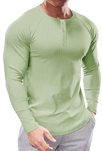 Muhshoiy Herr Muskelskjortor Långärmad Henley Tröja Smal Passform Ribbad Skjorta för Män Vslappnad Sport Shirt Grönt M