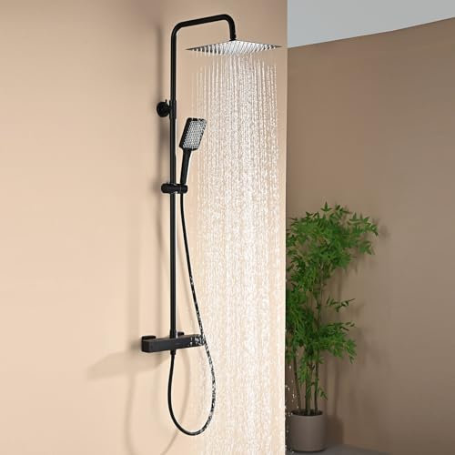 DETBOM Colonna Doccia con Miscelatore Termostatico Nero, Set Doccia con Soffione Doccia a Pioggia 25 cm, Doccetta a 3 Funzioni con Silicone, Asta Doccia Acciaio Inox Regolabile 96-120 cm